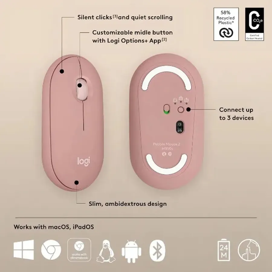 Mouse sem fio Logitech Pebble 2 M350S - Rosa